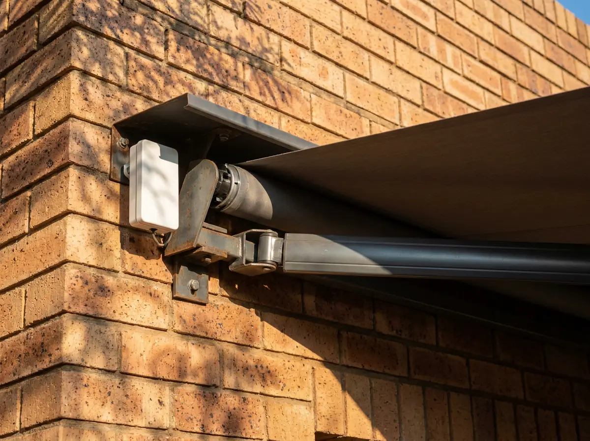 Close-up of a folding-arm awning motor and wind sensor mounted on the wall bracket above a Forest Town patio