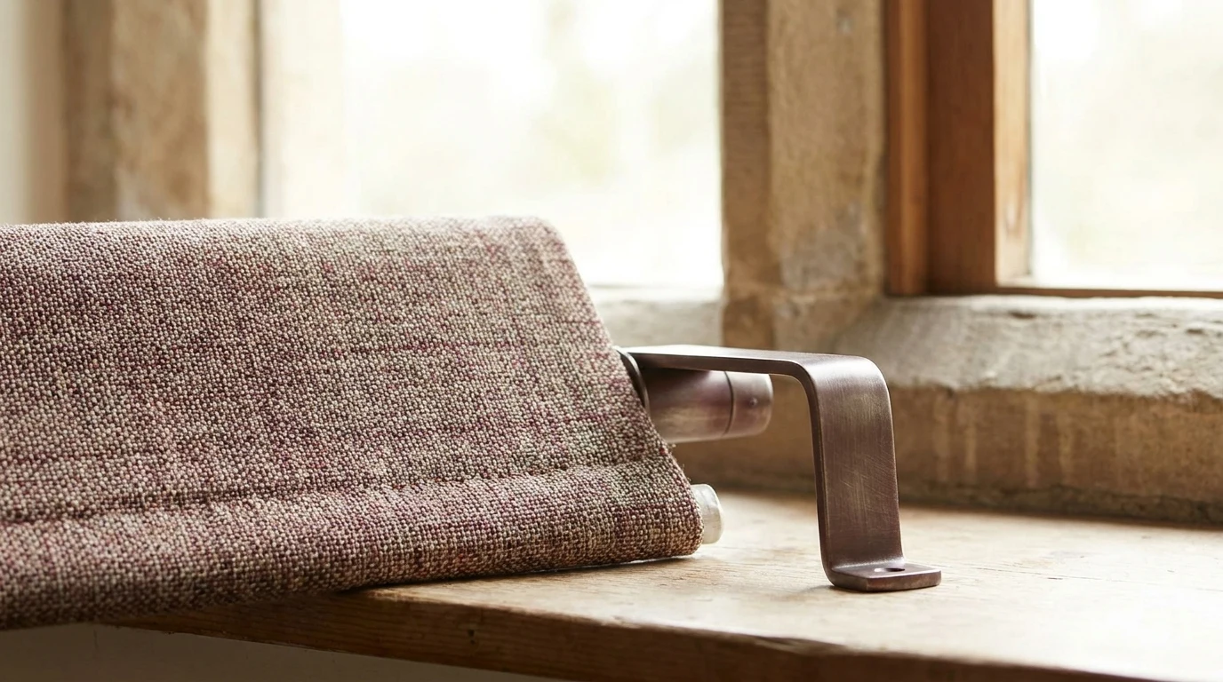 Close-up product detail of blind fabric weave and bracket hardware finish in warm taupe and oxblood tones, Parktown North home