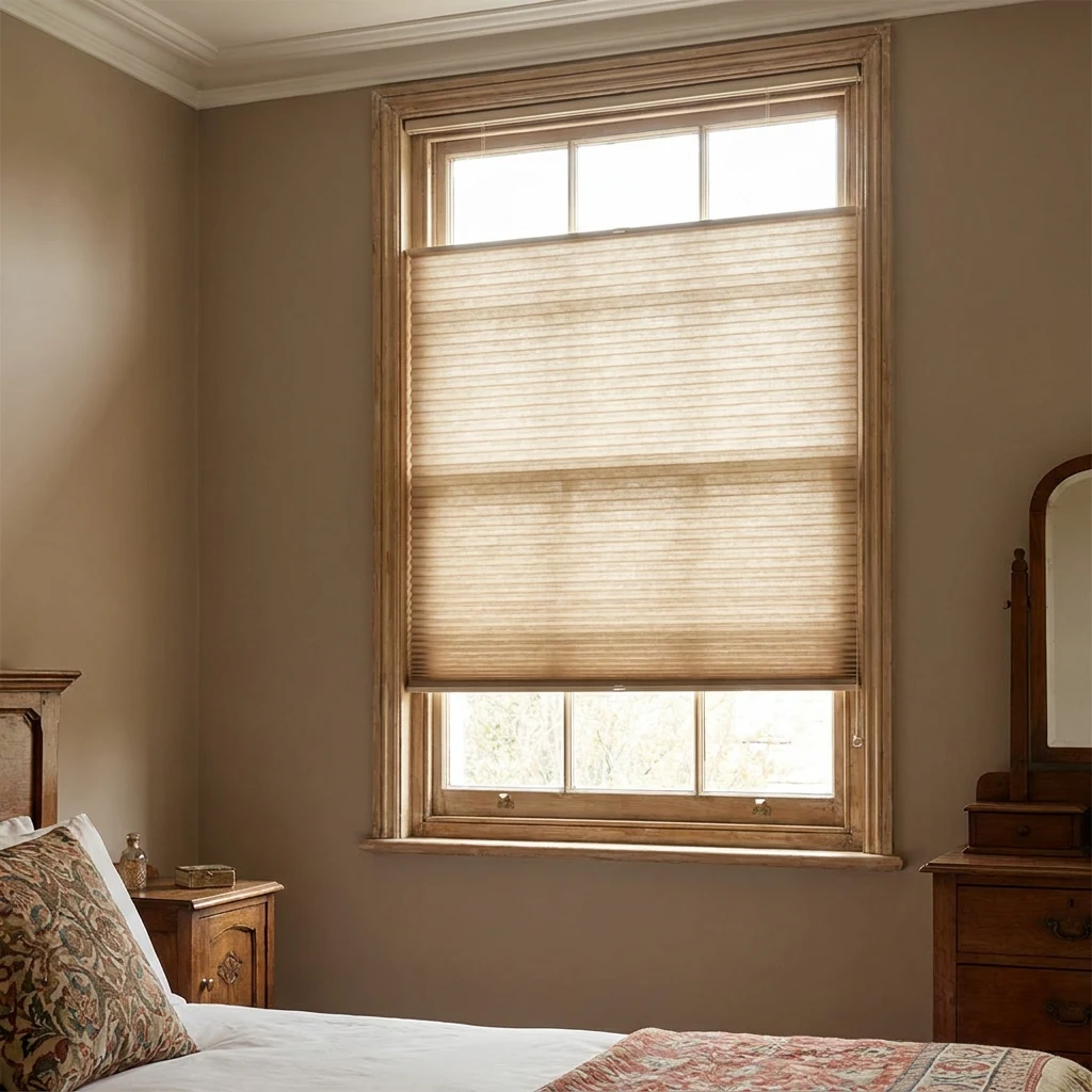 Cellular honeycomb blind fitted inside a sash window reveal in a Houghton Estate heritage bedroom