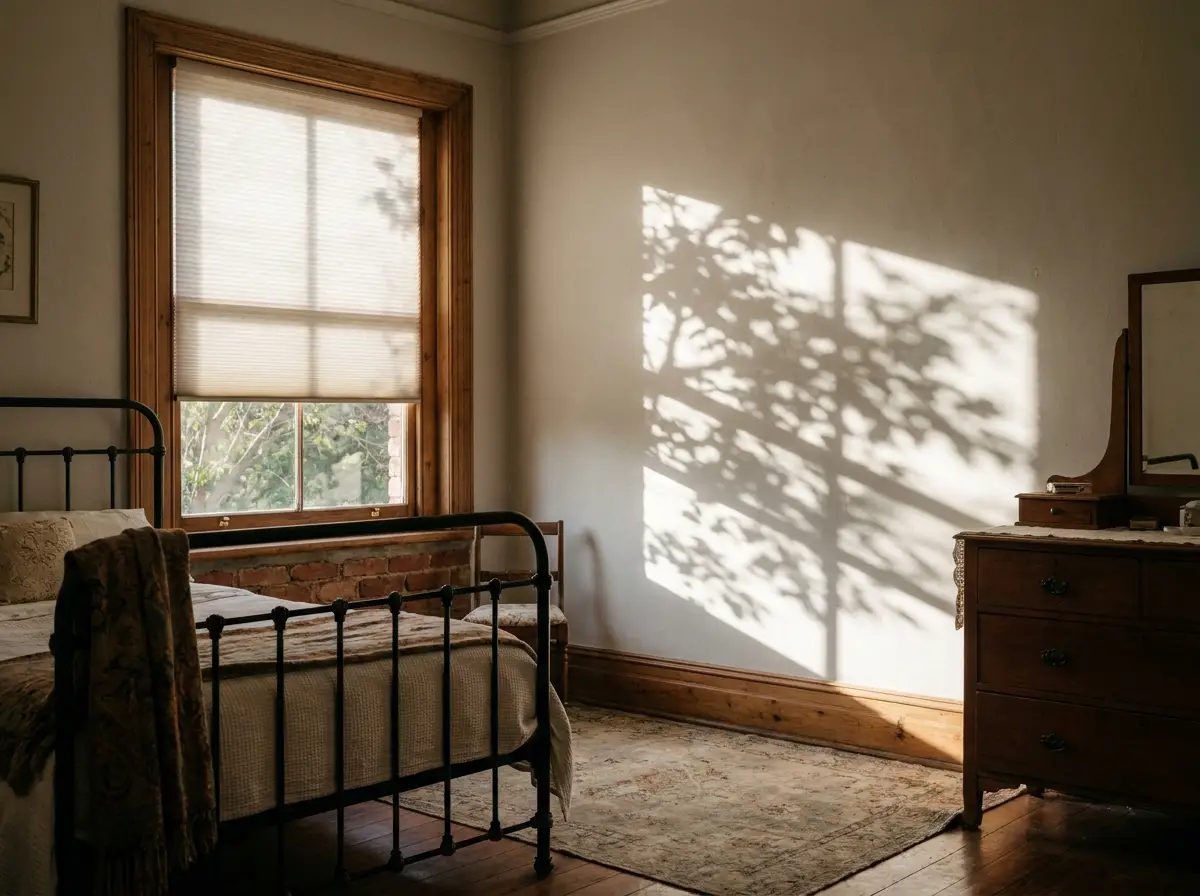 Cellular honeycomb blind fitted inside a sash window reveal in a Forest Town heritage bedroom