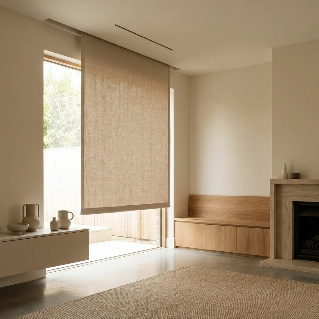 Flat linen blind panel dropping from a slim recessed ceiling slot in a Houghton Estate renovation, hardware fully concealed