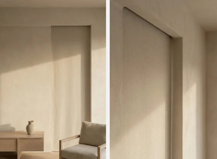 Flat linen blind panel dropping from a slim recessed ceiling slot in a Forest Town renovation, hardware fully concealed