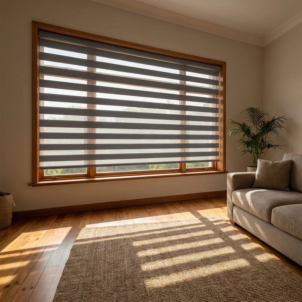 Day and night dual-layer blind with sheer and solid stripes over a wide window in a Parktown North living area