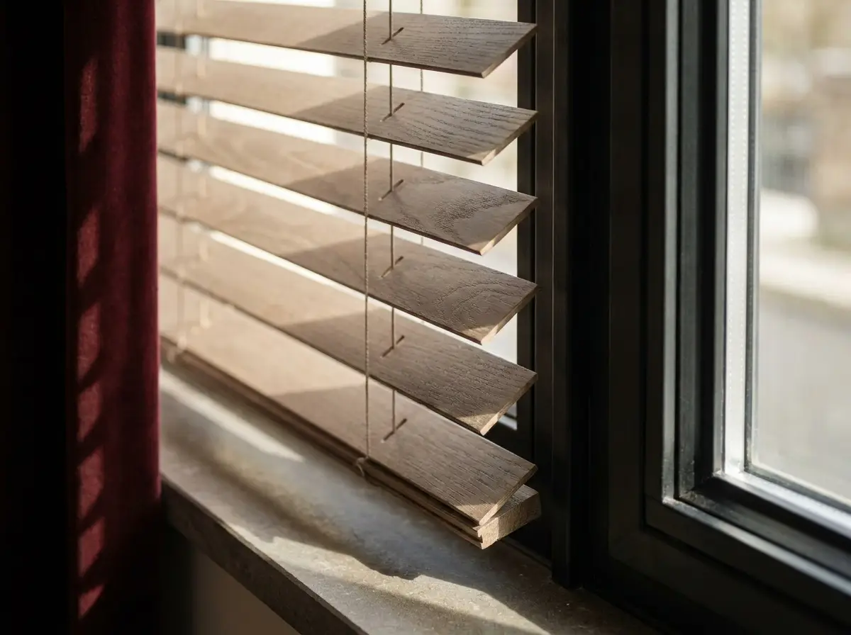 Close-up product detail of blind fabric and hardware finish in warm taupe and oxblood tones