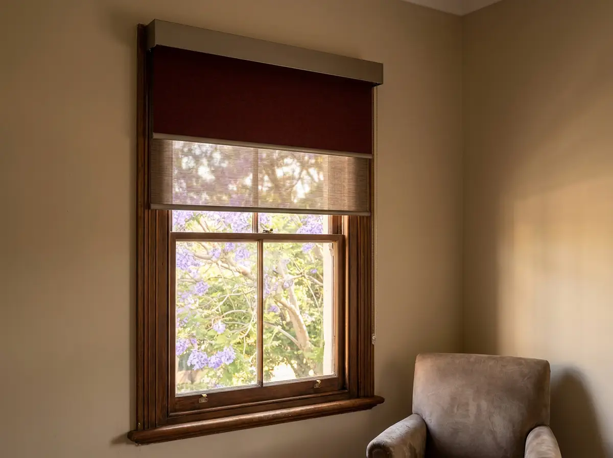 Double roller blind with blockout and sunscreen fabric layered on one bracket in a Forest Town bedroom