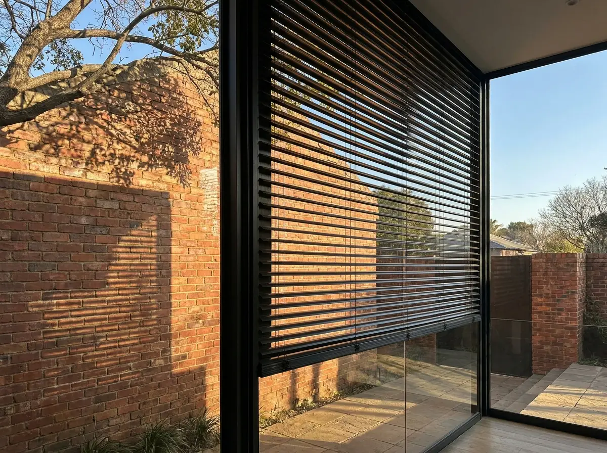 External venetian blind with aluminium slats lowered against strong west-facing sun on a Johannesburg heritage home