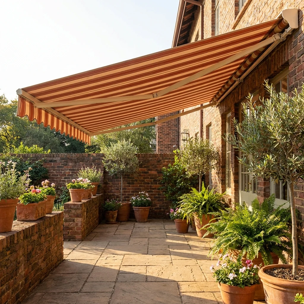 Folding-arm awning extended over a small paved patio at a Parktown North property