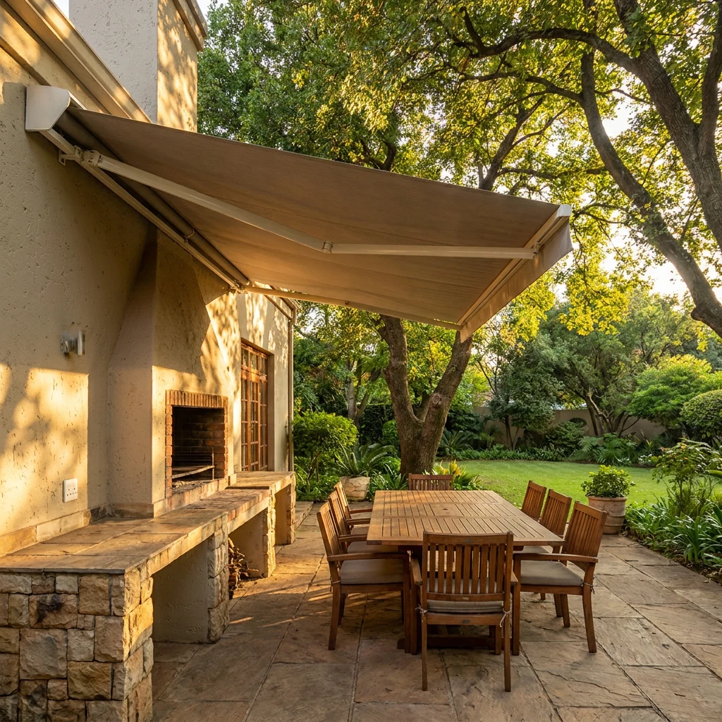 Folding-arm awning extended over a paved entertaining patio at a Saxonwold property