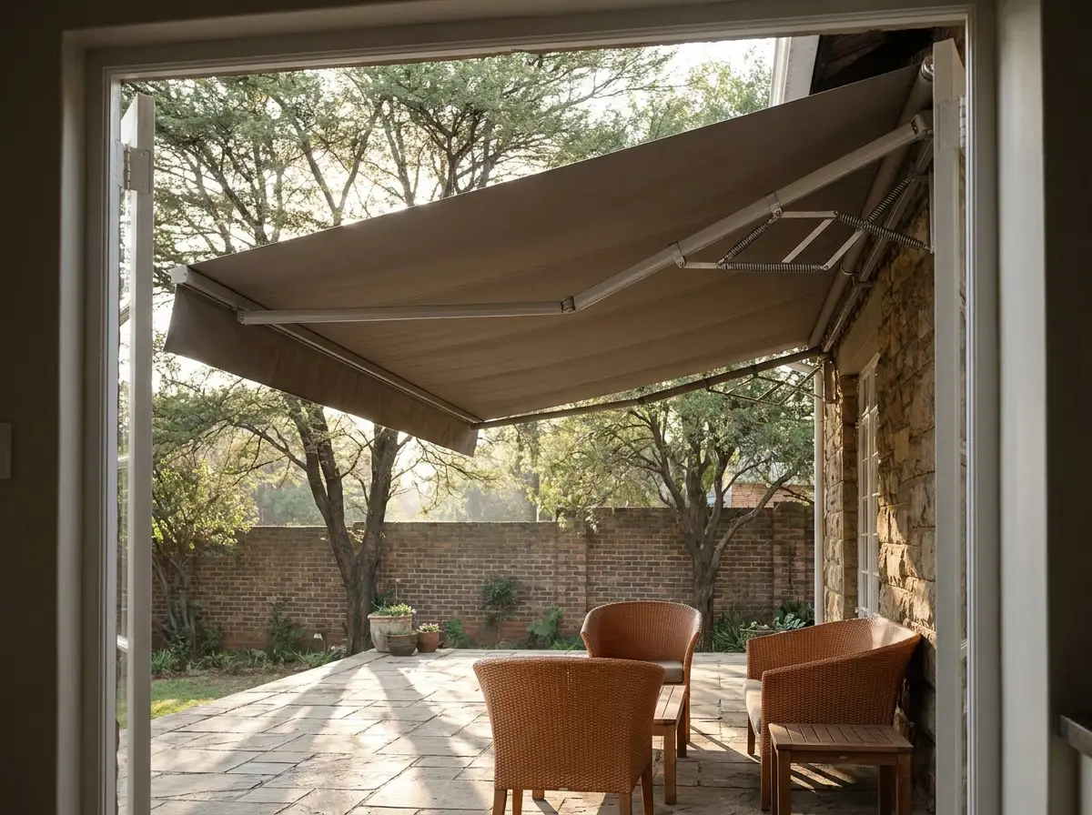 Folding-arm awning extended wide over a paved rear patio in a Forest Town garden