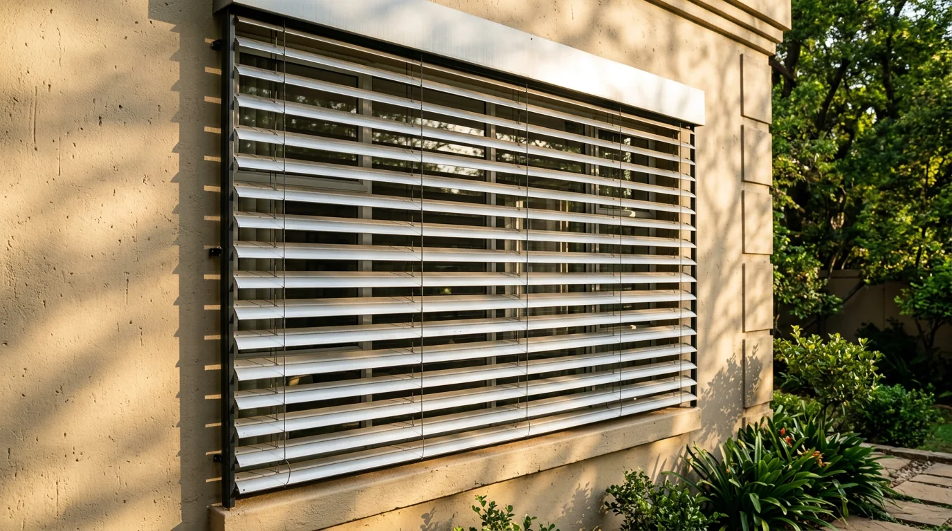 External venetian blind mounted outside a west-facing window on a plastered Johannesburg house, wide aluminium slats held in slim vertical side guides and tilted to throw shade onto the wall before the sun reaches the glass