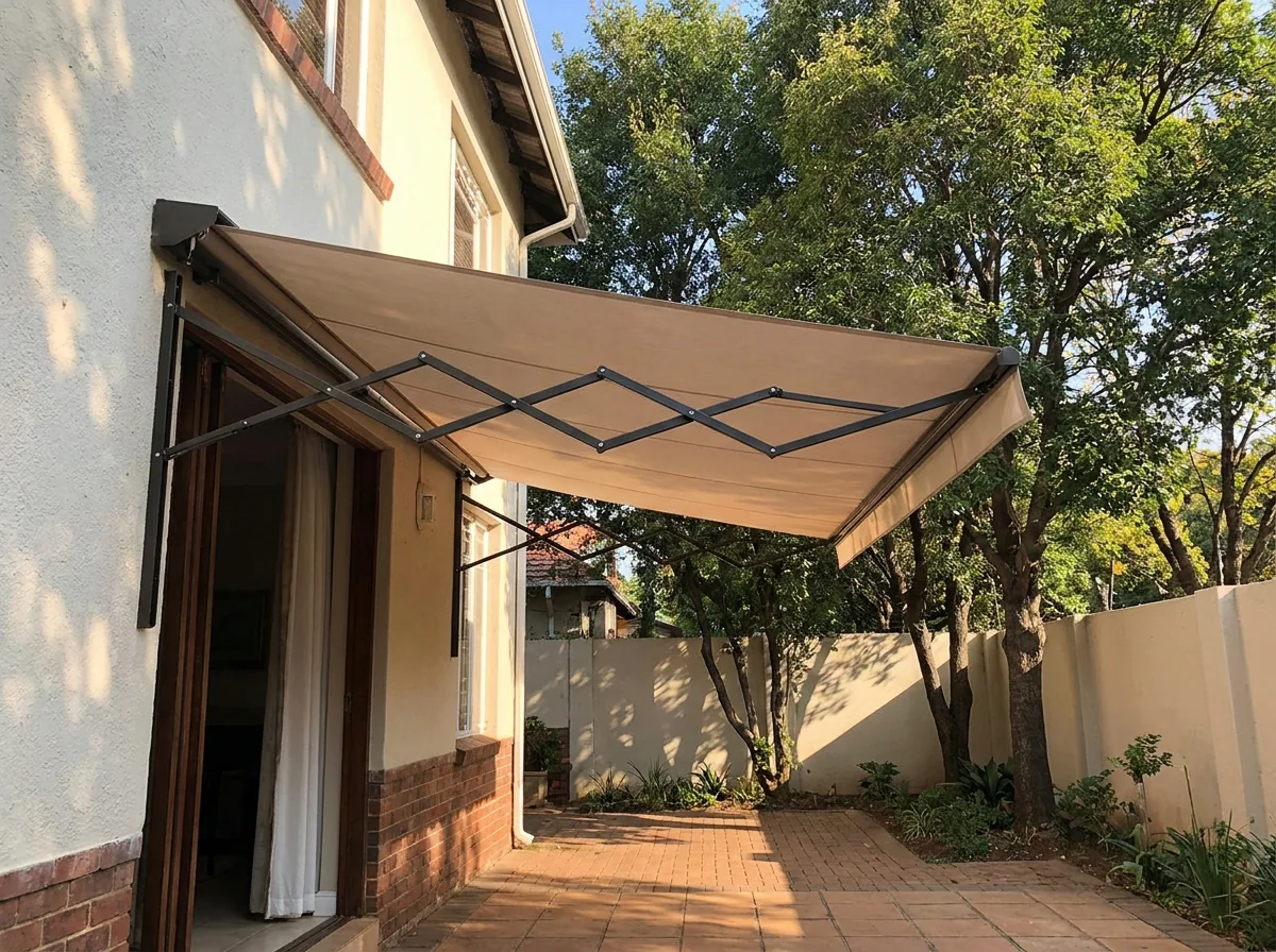 A folding-arm awning with a flat fabric canopy extended over a small paved patio at the rear of an older Johannesburg home, its articulated metal arms visible beneath the canopy, mature garden trees and a high painted wall behind