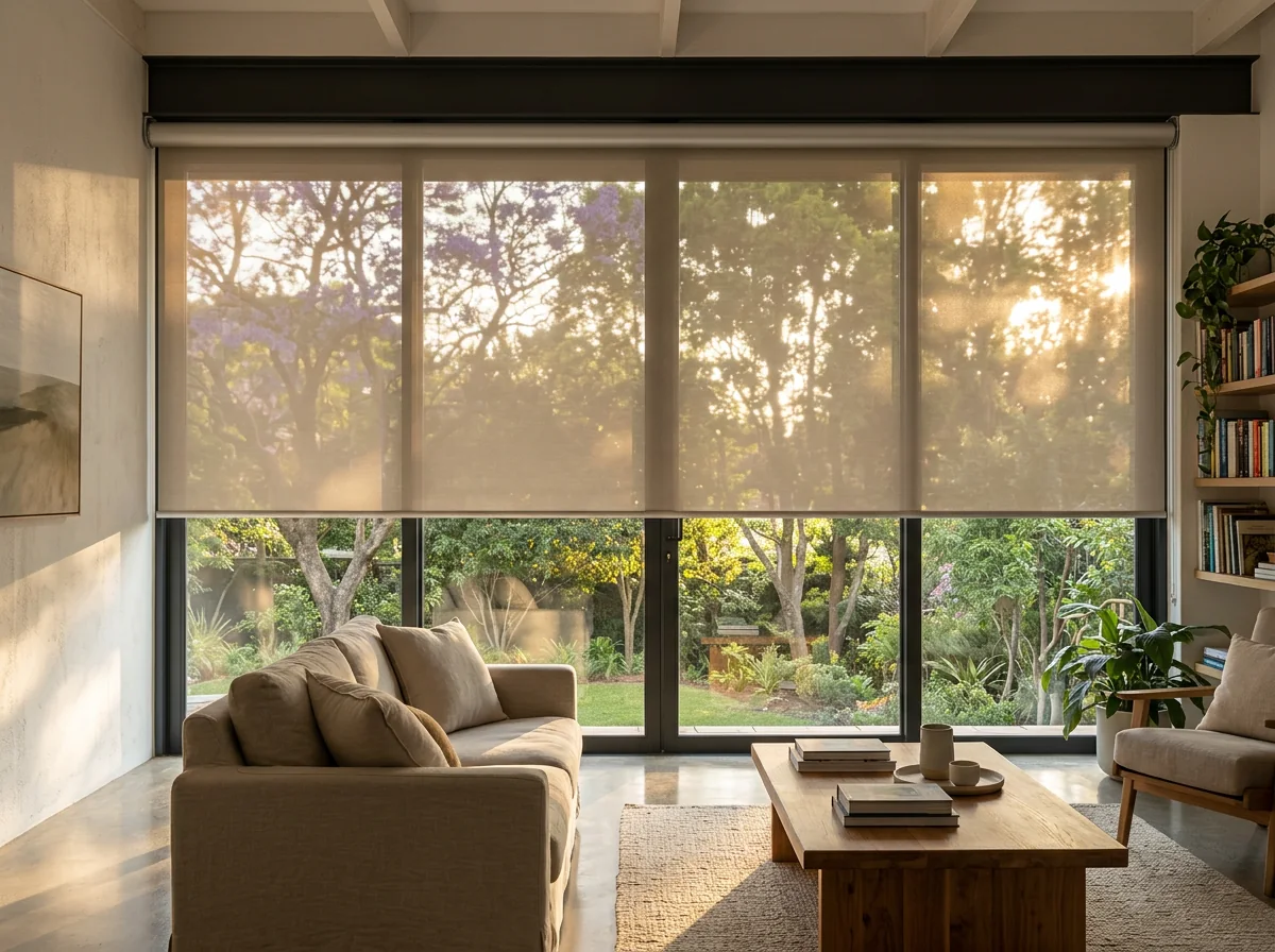A flat open-weave sunscreen roller blind lowered over a wide west-facing living-room window in late afternoon, cutting the low glare while the garden trees stay visible through the weave