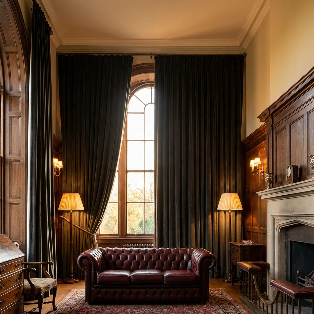 Heavy lined curtains gliding on a motorised ceiling track in a Houghton Estate formal lounge