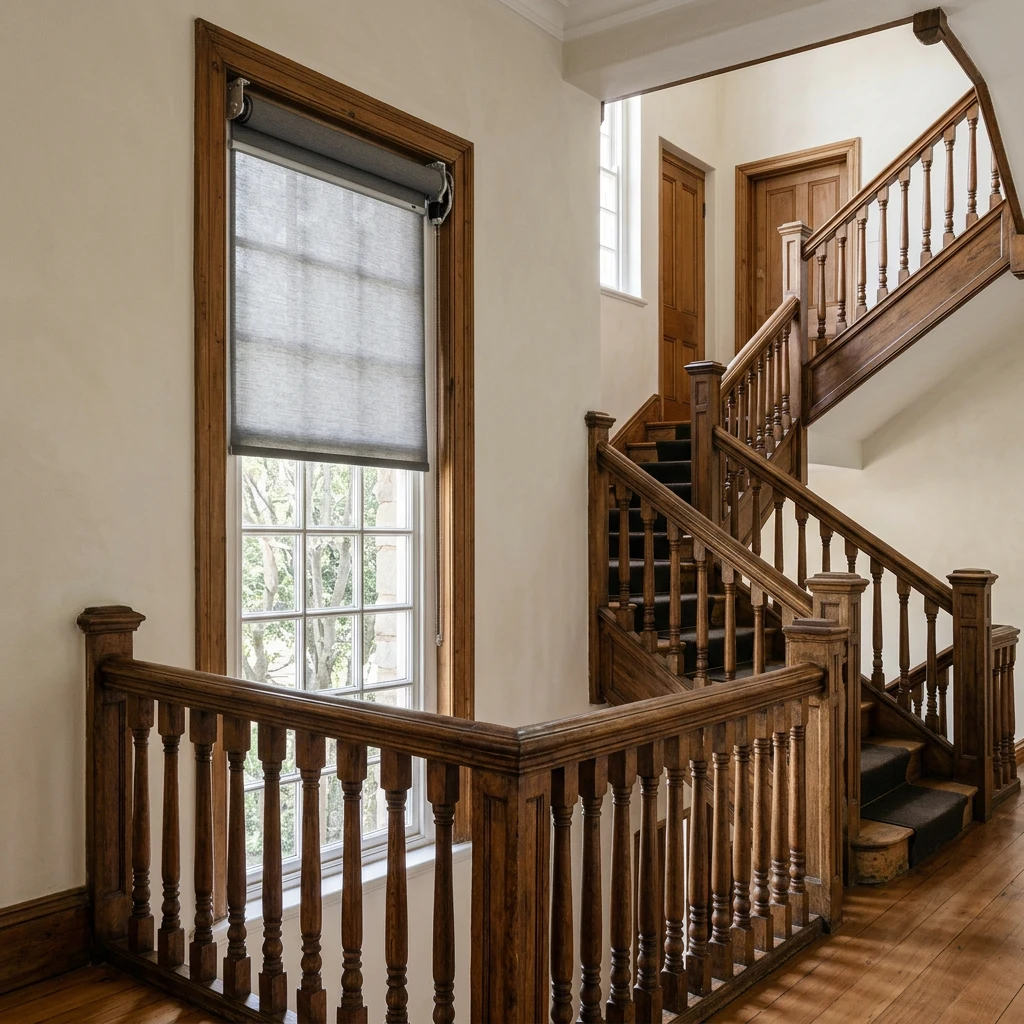 Motorised roller blind with visible motor tube and wall remote on a tall stairwell window in a Johannesburg heritage home