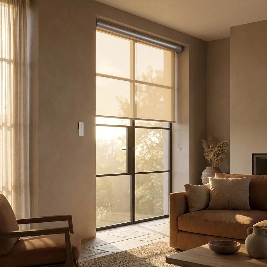Motorised roller blind with visible motor tube and wall remote on a tall window in a Saxonwold home