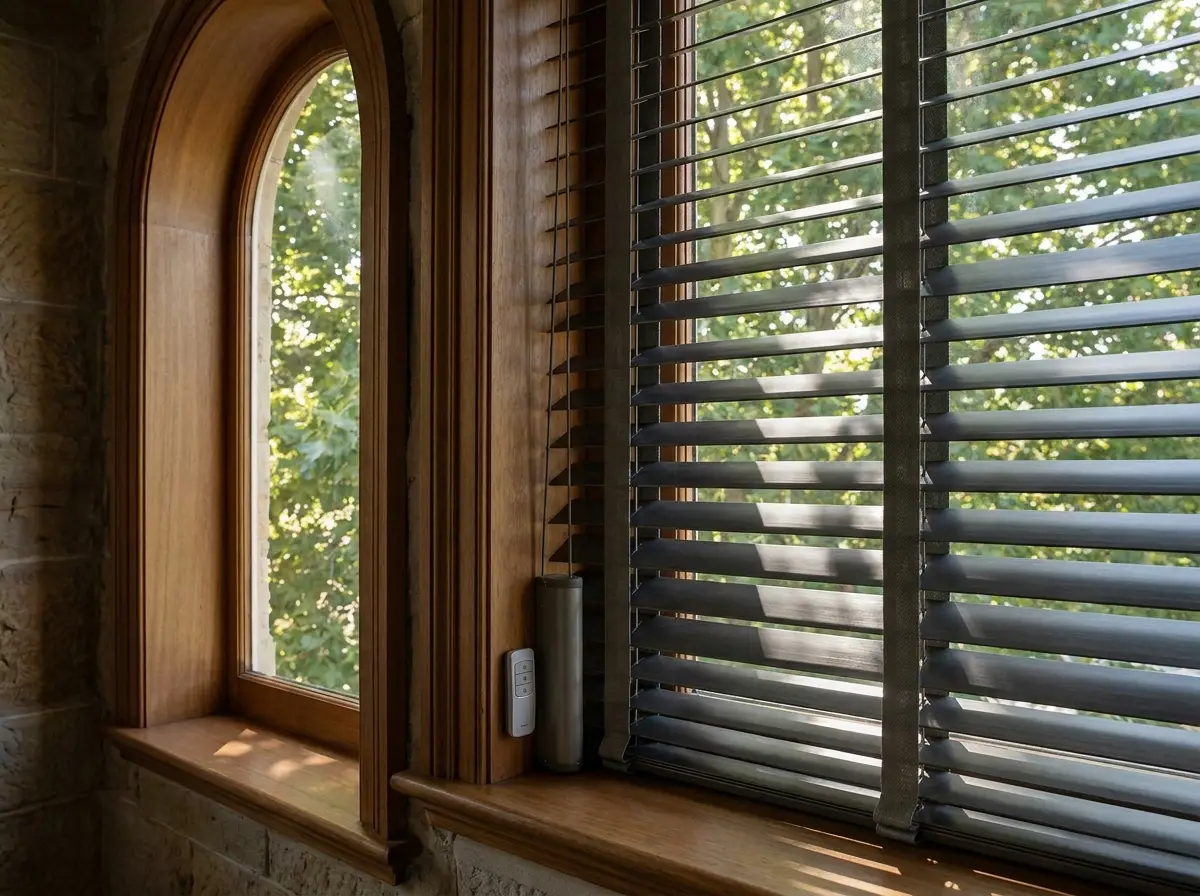 Motorised venetian blind with wall remote on a tall stairwell window in a Forest Town heritage home