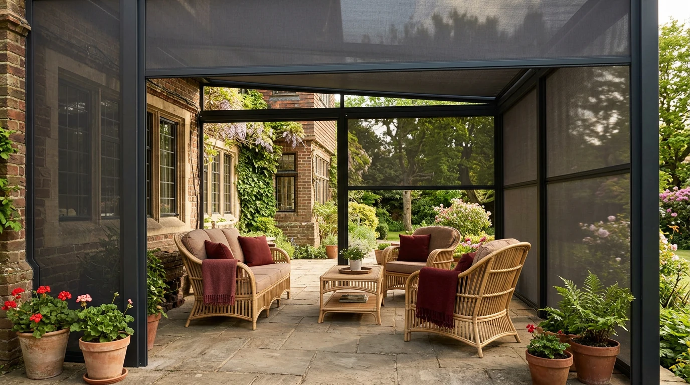 Outdoor terrace scene at a Westcliff-area home with sun control shading, off-black and oxblood accent styling