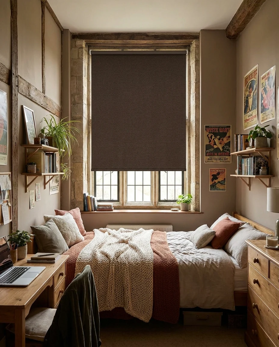 Teenager's bedroom with a full blockout roller blind in a Forest Town heritage-style home, warm taupe interior tones