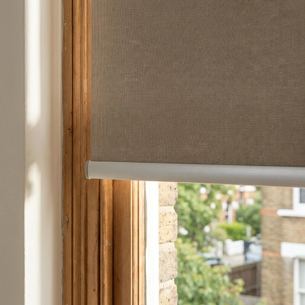 Full blockout roller blind lowered over a bedroom window in a Forest Town heritage home, warm taupe interior tones