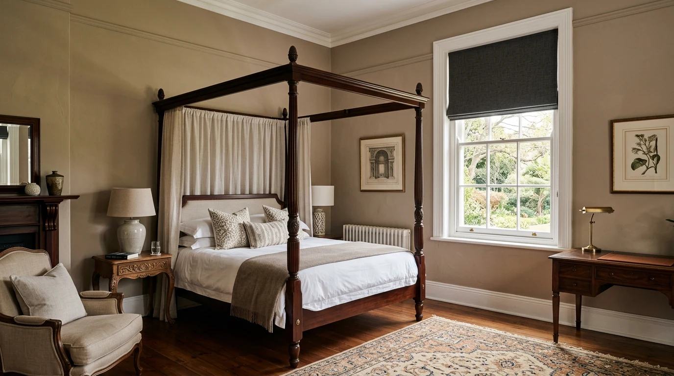 Formal guest bedroom with a blockout roller blind in a Houghton Estate heritage home, warm taupe interior tones