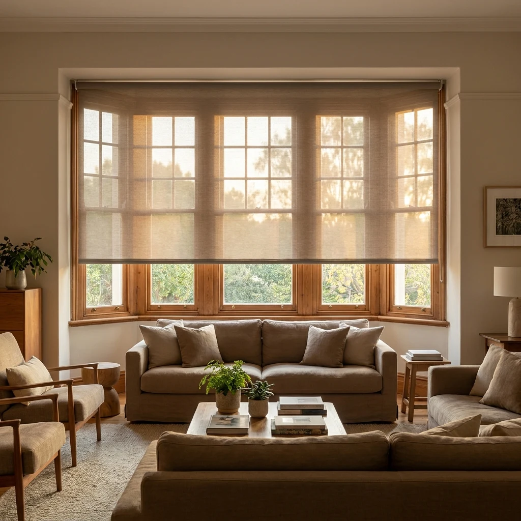 Sunscreen roller blind half-lowered over a sash window in a Parktown North living room