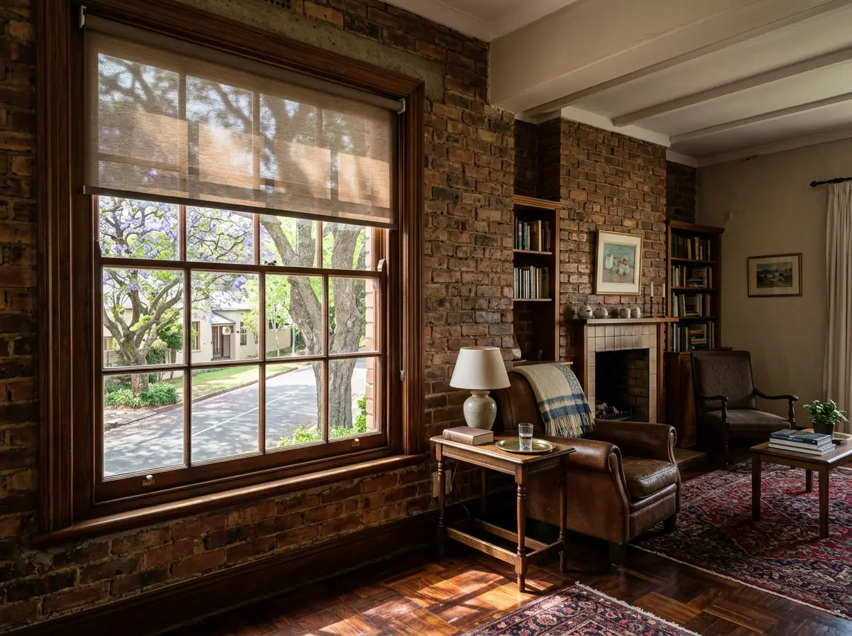 Sunscreen roller blind half-lowered over a tall sash window, dappled jacaranda light filtering through the mesh weave