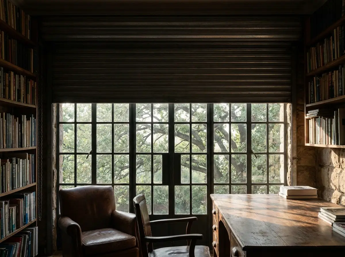 Solid interlocking-slat roller shutter partly lowered over a study window in a Forest Town heritage home