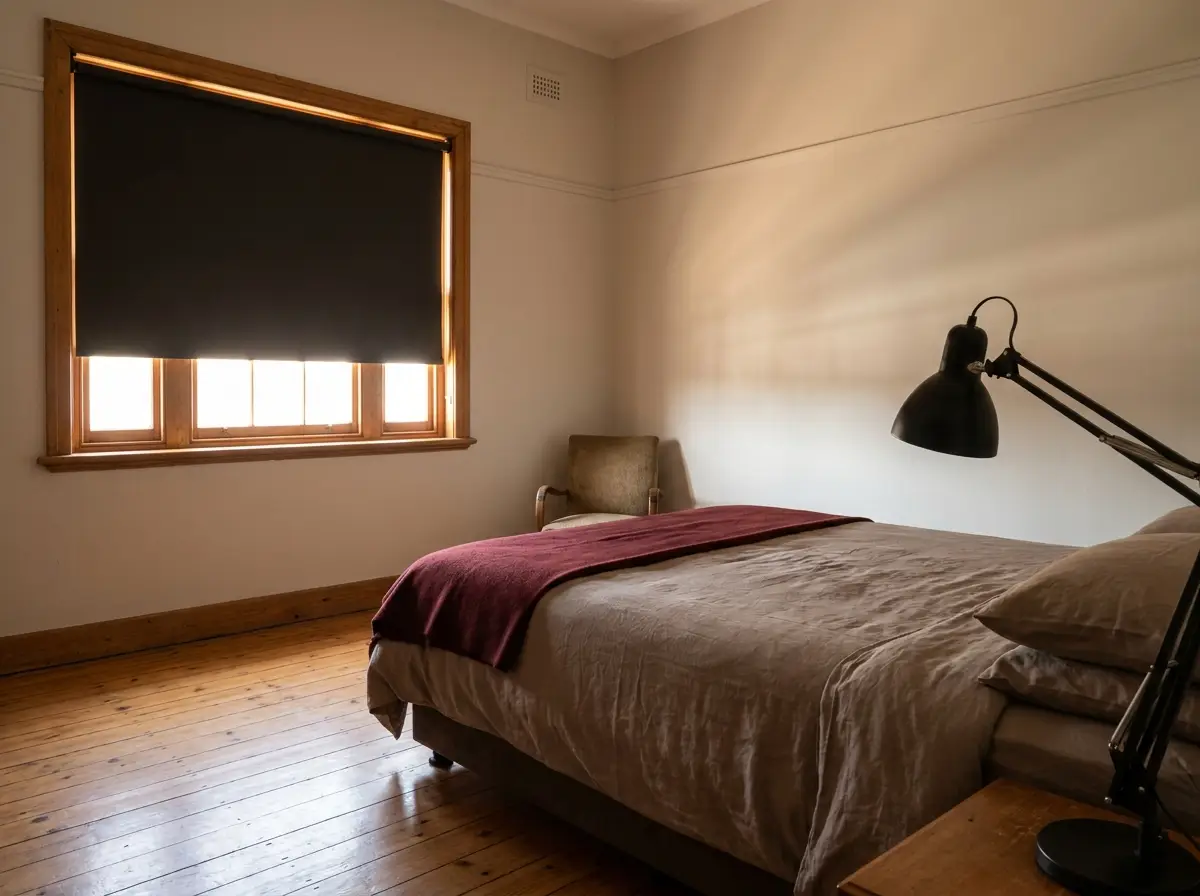 Bedroom with blockout blinds in a Forest Town heritage-style home, warm taupe interior tones