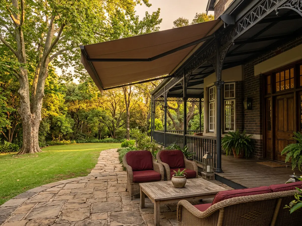 Outdoor patio awning scene at a Forest Town property, off-black and oxblood accent styling