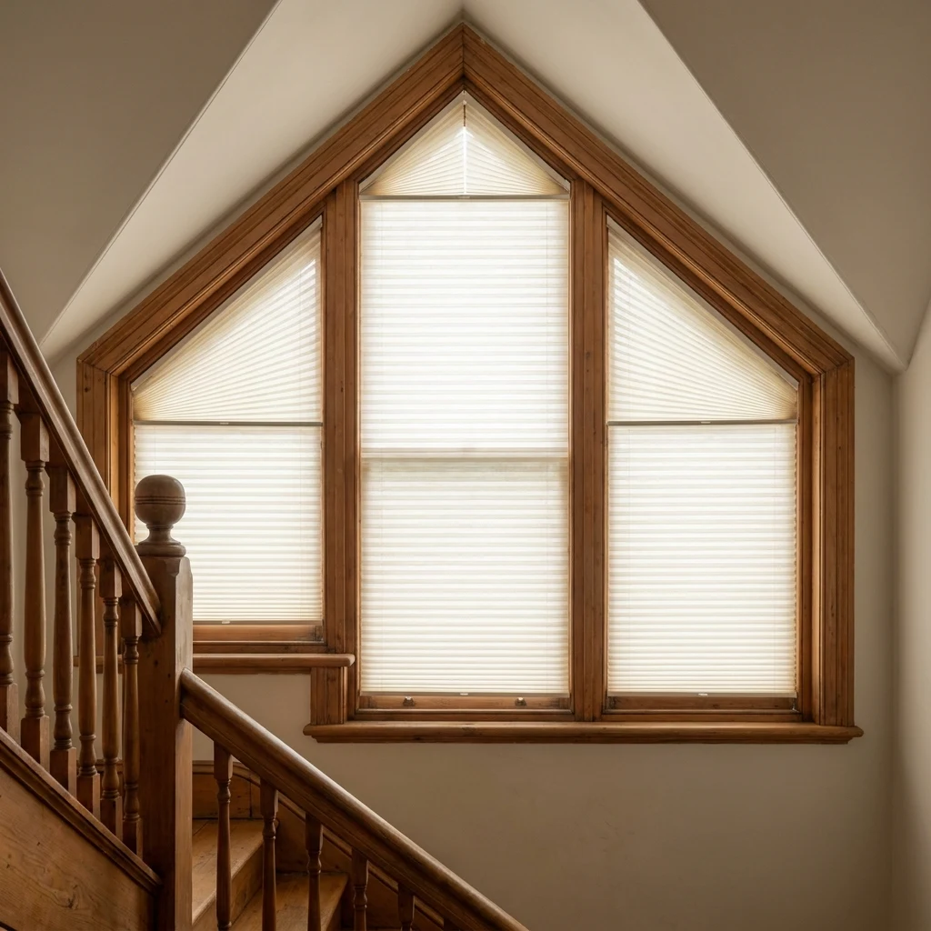 Shaped pleated blind fitted to a triangular gable window in a Westcliff-area heritage home