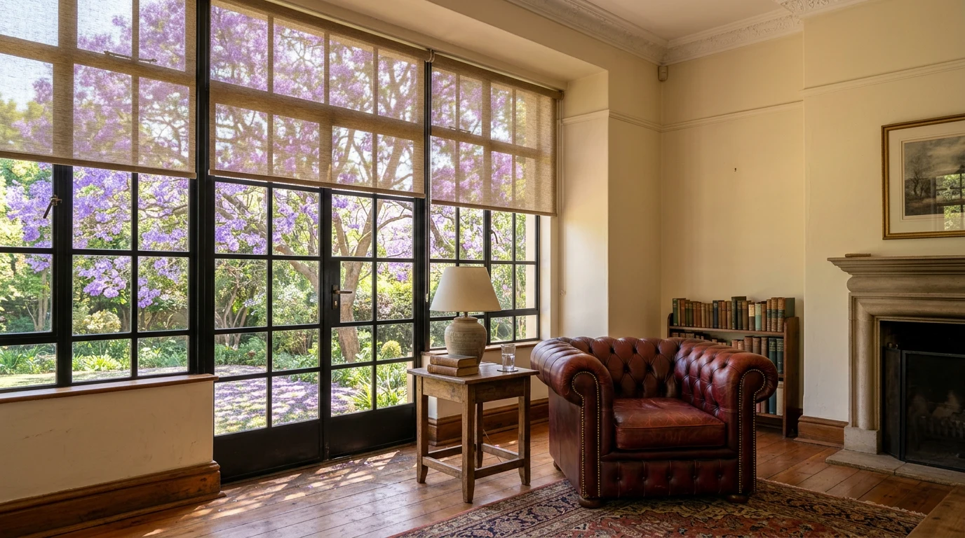 Sunscreen roller blinds filtering jacaranda light through tall steel-framed windows in a heritage sitting room near Saxonwold