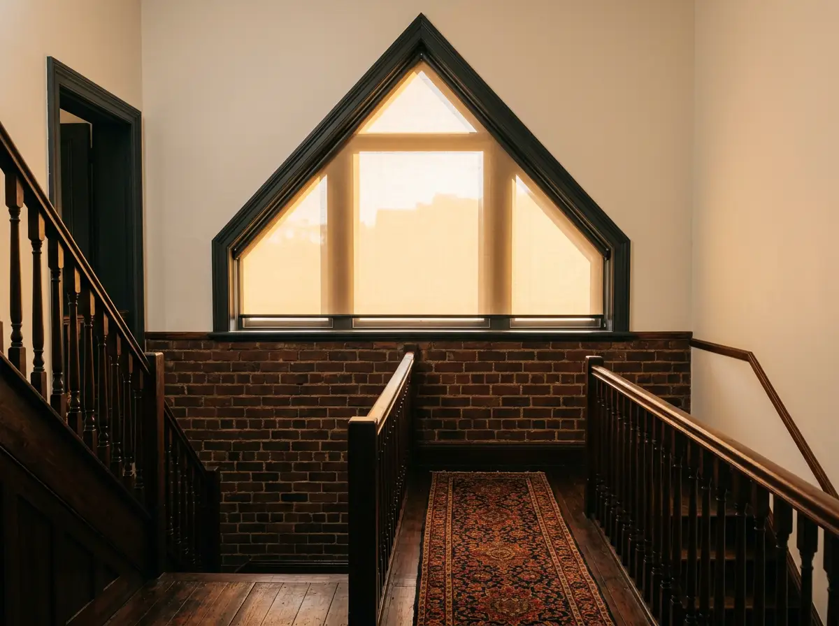 Shaped pleated blind fitted to a triangular gable window above a stairwell in a Forest Town heritage home