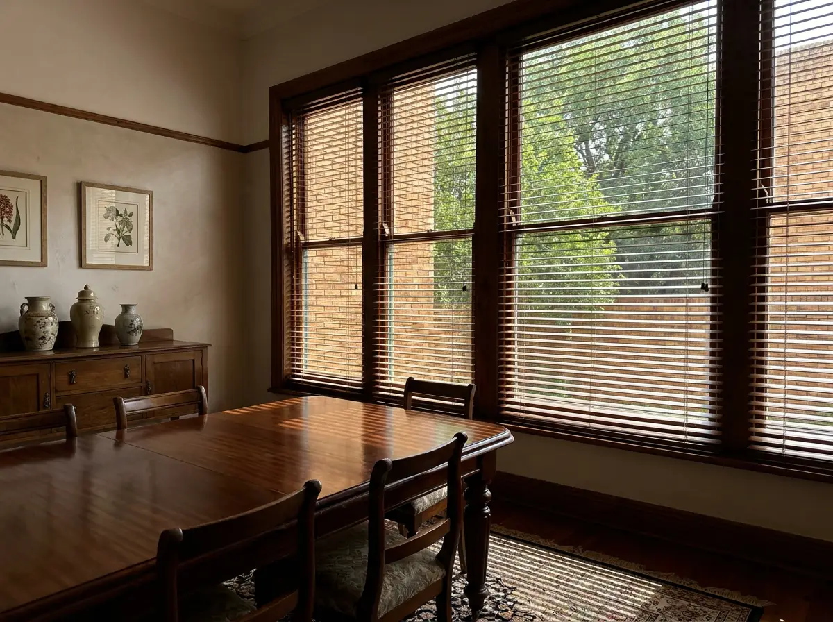 Timber venetian blind slats tilted to steer dappled light in a Forest Town dining room