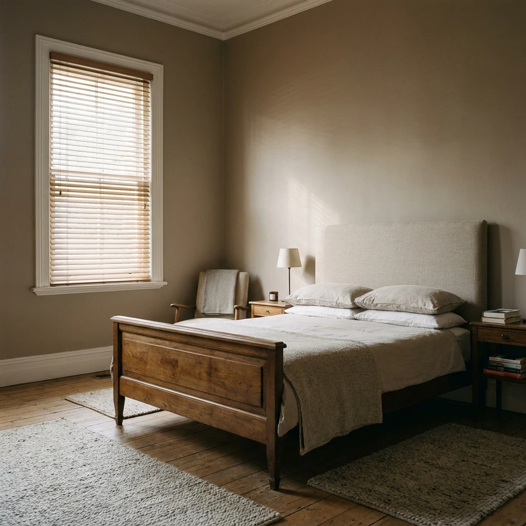 Timber venetian blinds tilted to filter dappled light in a Saxonwold heritage bedroom