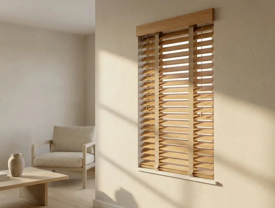 50mm timber venetian blind with ladder tapes and matching timber pelmet on a Forest Town window, slats tilted to filter afternoon light