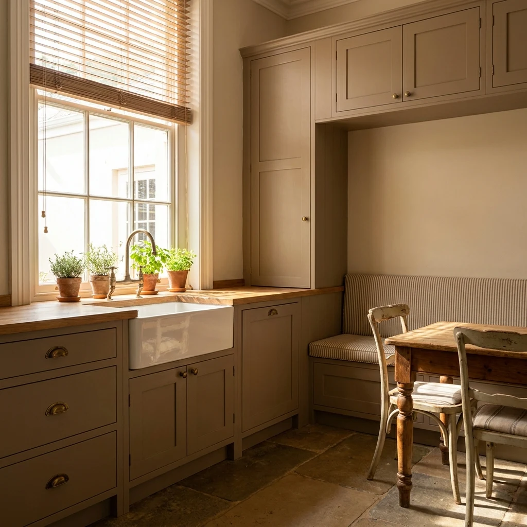 Timber venetian blinds tilted to filter dappled light in a Houghton Estate heritage kitchen