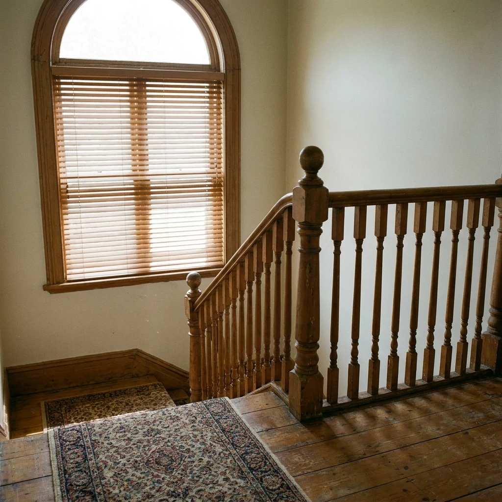 Timber venetian blinds tilted to filter dappled light in a Westcliff-area heritage stairwell