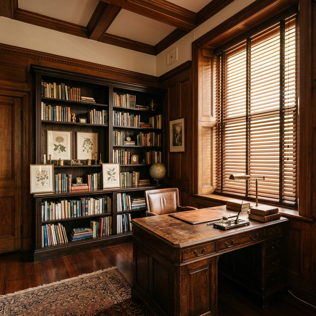 Timber venetian blinds tilted to filter dappled light in a Parktown North home study