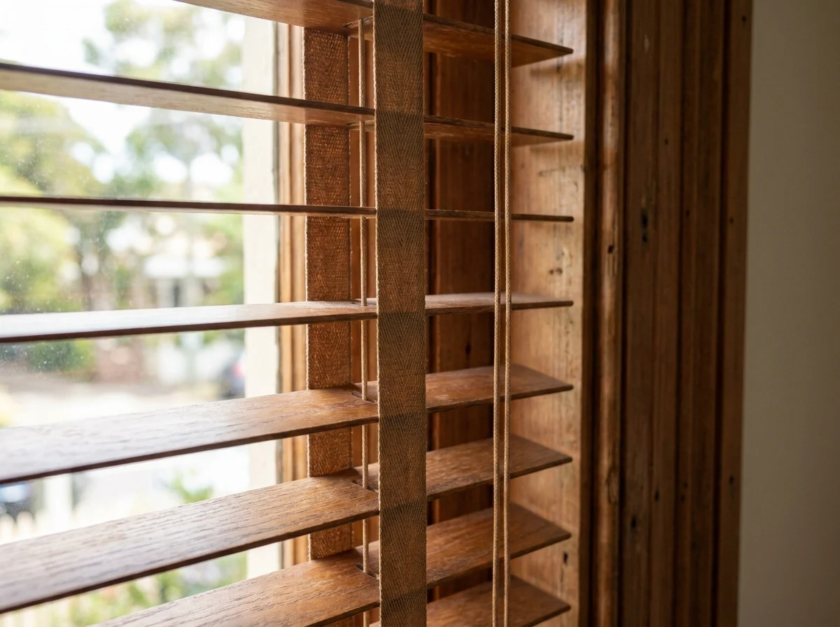 Close detail of timber blind slats and a braided lift cord in a Forest Town window — repairs and restringing