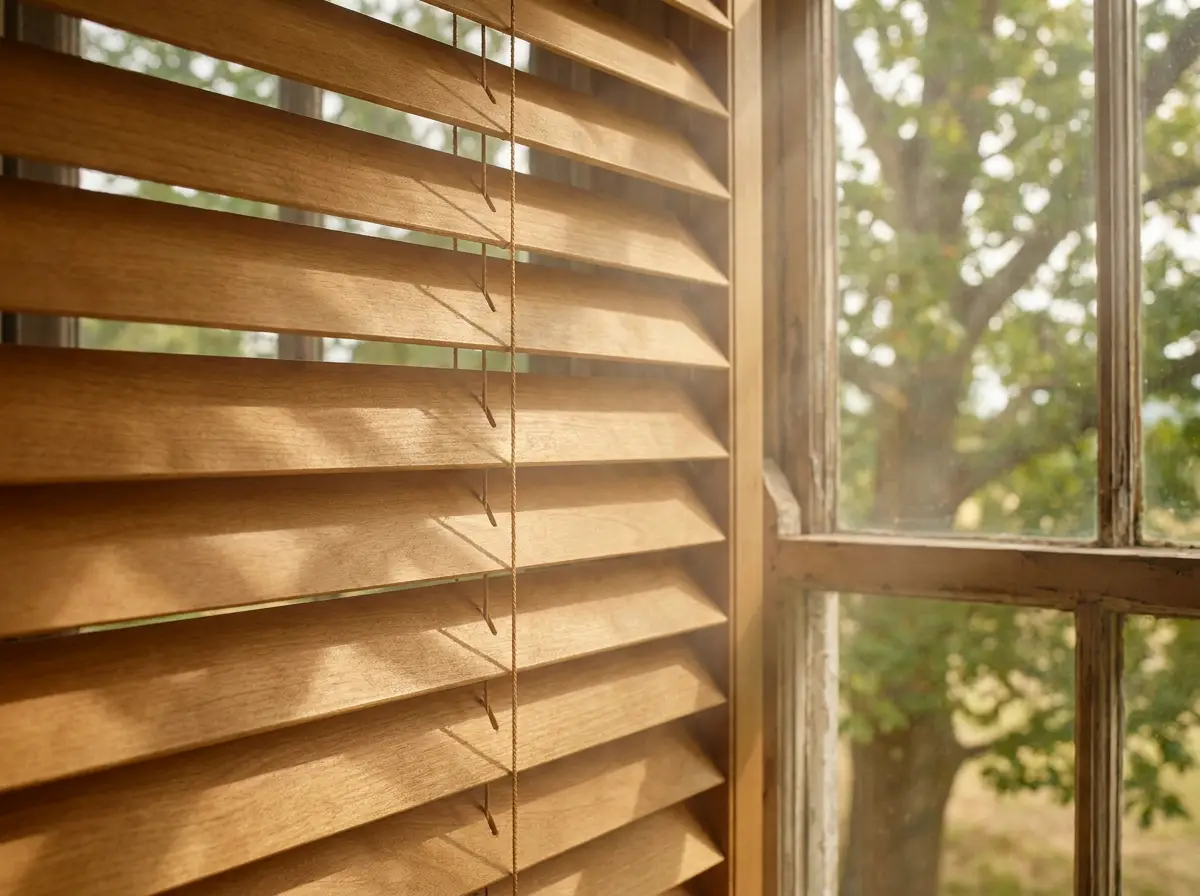 Macro detail of 50mm timber basswood venetian slats showing warm wood grain in a Forest Town heritage window