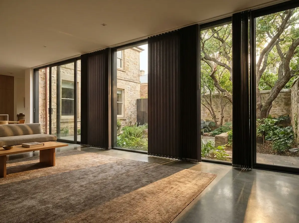Vertical panel blinds in front of wide sliding glass doors in a Forest Town living-room extension