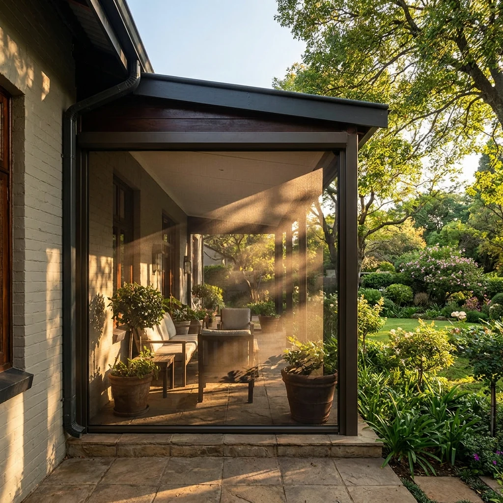 Zip screen running in slim side channels enclosing a shaded stoep at a Saxonwold property